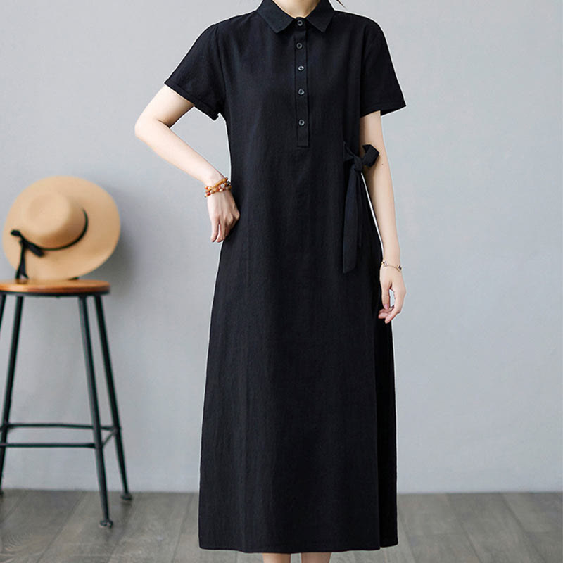 Vestido midi informal de lino y algodón con solapas laterales, manga corta y bolsillos, estilo Buddha Stones - image 16