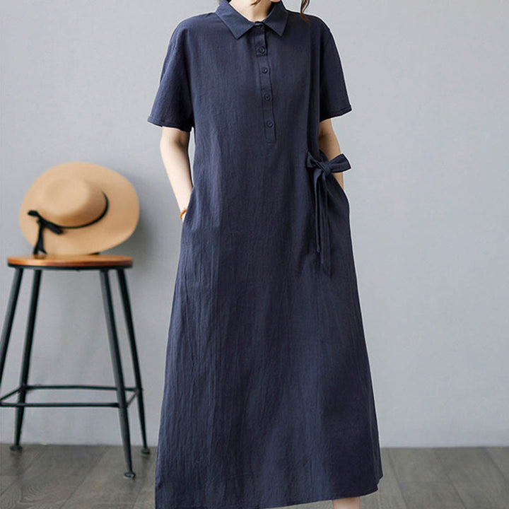 Vestido midi informal de lino y algodón con solapas laterales, manga corta y bolsillos, estilo Buddha Stones - image 21