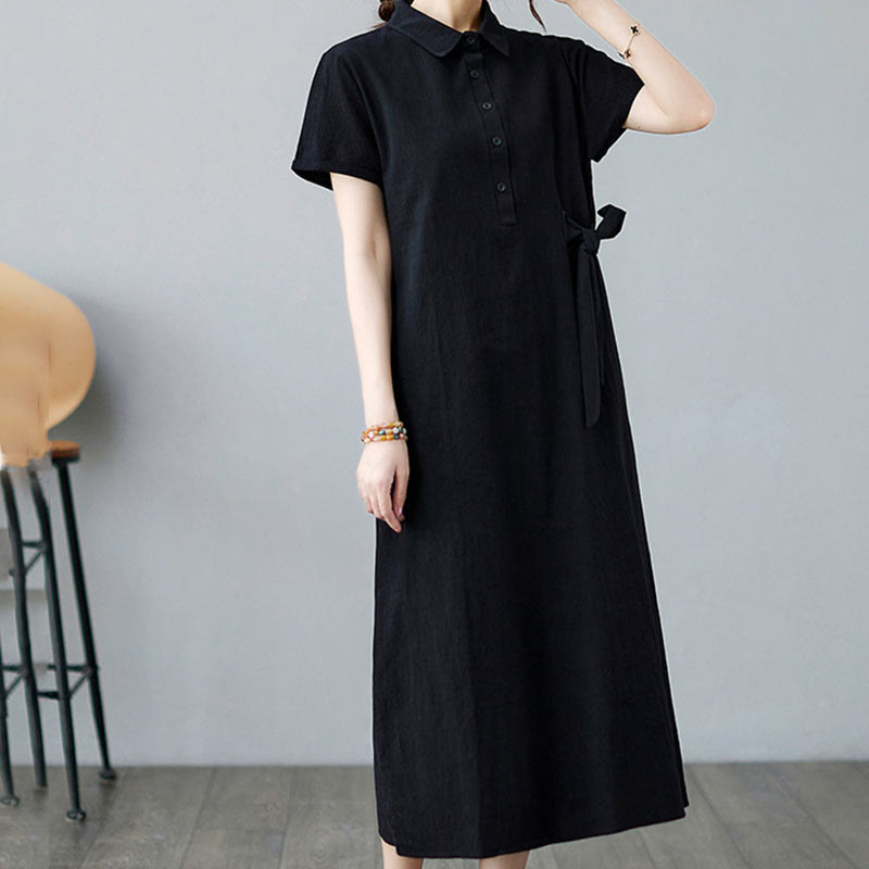 Vestido midi informal de lino y algodón con solapas laterales, manga corta y bolsillos, estilo Buddha Stones - image 17