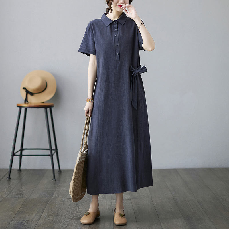 Vestido midi informal de lino y algodón con solapas laterales, manga corta y bolsillos, estilo Buddha Stones - image 19