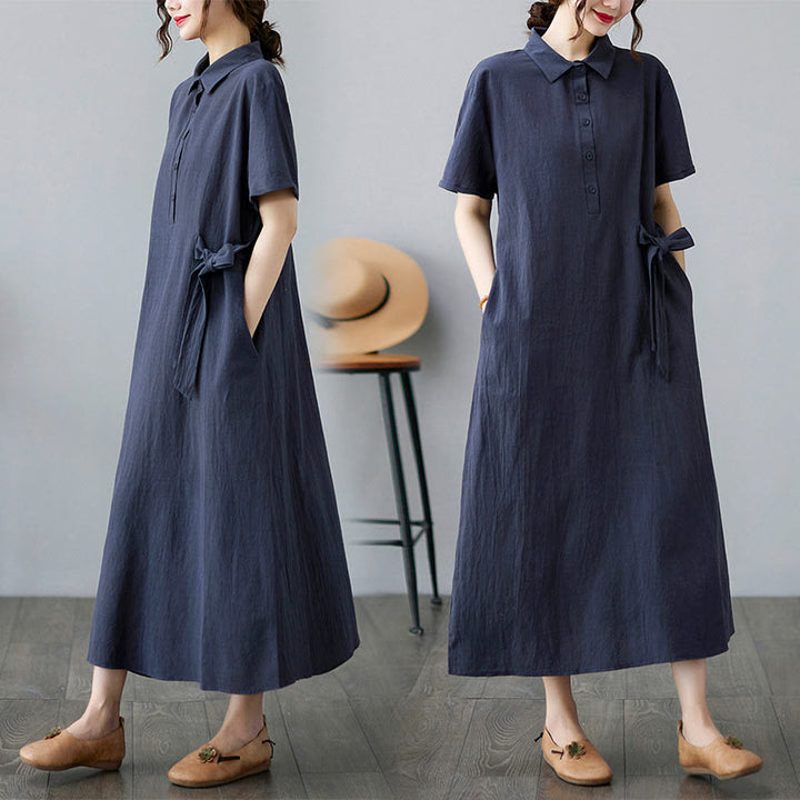 Vestido midi informal de lino y algodón con solapas laterales, manga corta y bolsillos, estilo Buddha Stones - Azul medianoche - US8-10，UK/AU12-14，EU40-42 (2XL) - image 19