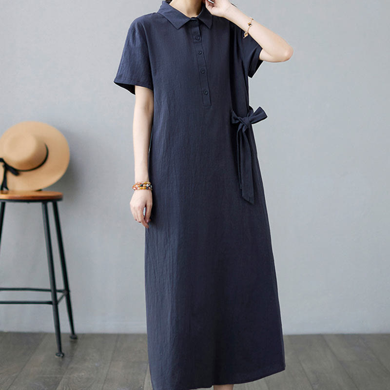 Vestido midi informal de lino y algodón con solapas laterales, manga corta y bolsillos, estilo Buddha Stones - image 22
