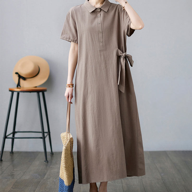 Vestido midi informal de lino y algodón con solapas laterales, manga corta y bolsillos, estilo Buddha Stones - Caqui oscuro - US8-10，UK/AU12-14，EU40-42 (2XL) - image 1