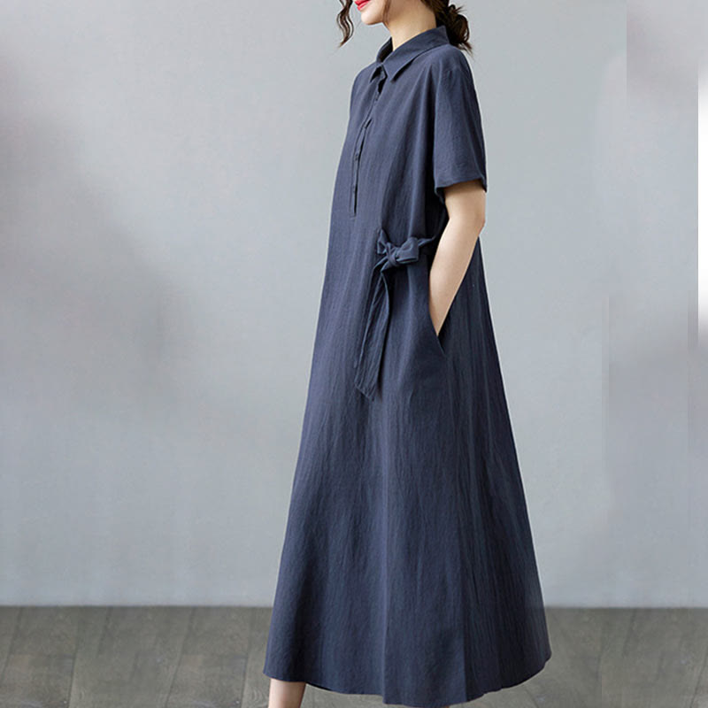 Vestido midi informal de lino y algodón con solapas laterales, manga corta y bolsillos, estilo Buddha Stones - image 24