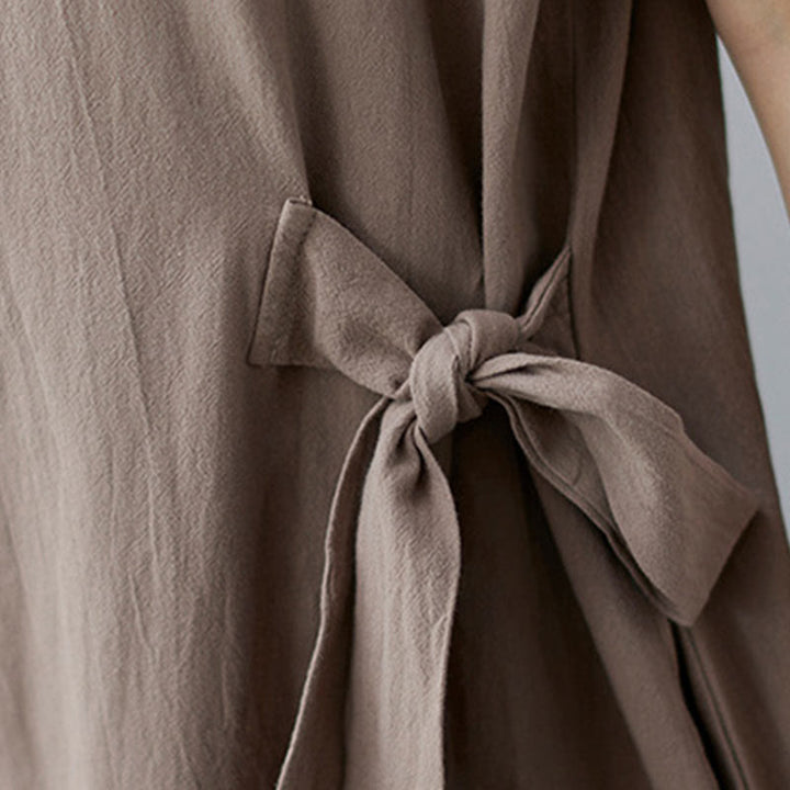 Vestido midi informal de lino y algodón con solapas laterales, manga corta y bolsillos, estilo Buddha Stones - image 10