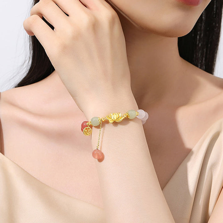 Pulsera de plata de ley 925 con Buddha Stones , ágata natural degradada, jade hetiano, loto y carácter Fu.