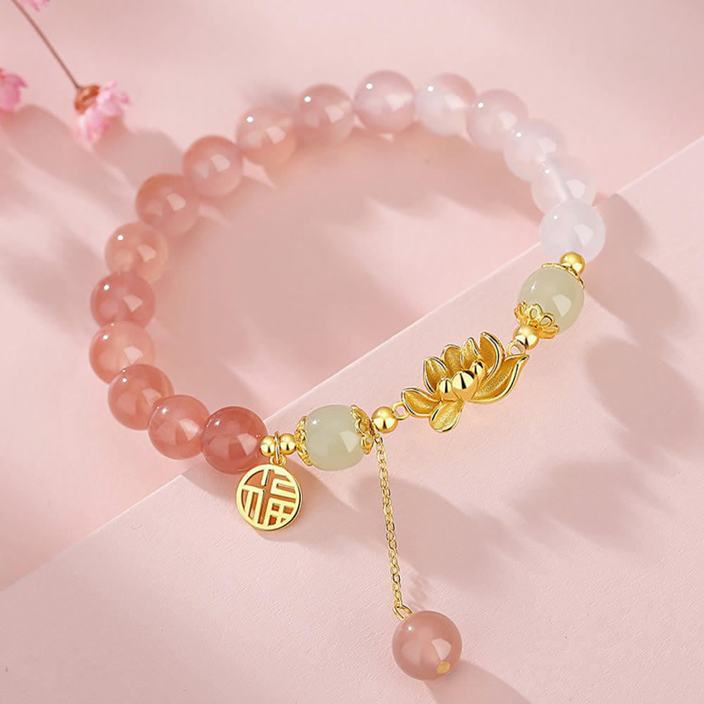Pulsera de plata de ley 925 con Buddha Stones , ágata natural degradada, jade hetiano, loto y carácter Fu.