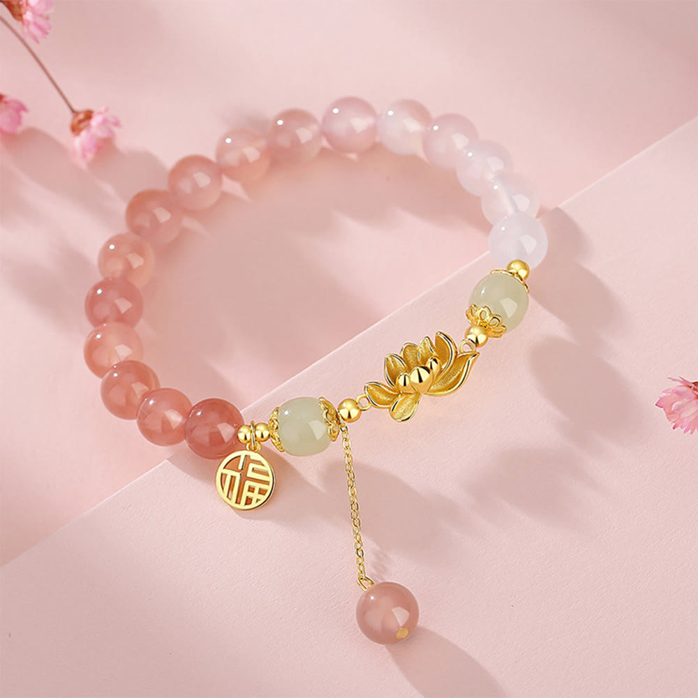 Pulsera de plata de ley 925 con Buddha Stones , ágata natural degradada, jade hetiano, loto y carácter Fu.