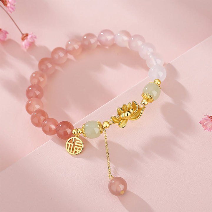 Pulsera de plata de ley 925 con Buddha Stones , ágata natural degradada, jade hetiano, loto y carácter Fu.