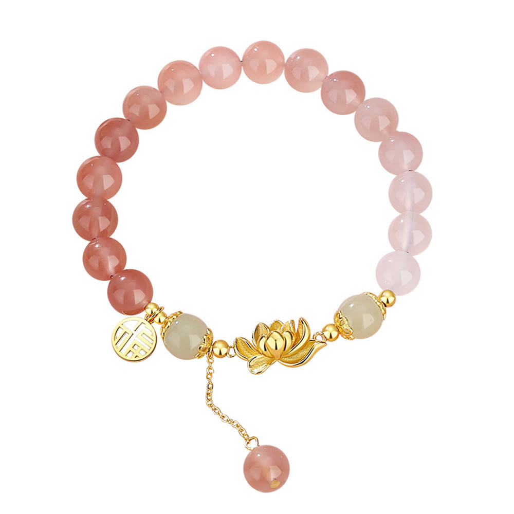 Pulsera de plata de ley 925 con Buddha Stones , ágata natural degradada, jade hetiano, loto y carácter Fu.