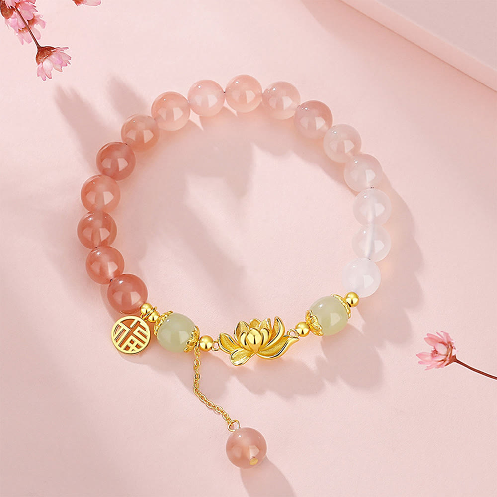 Pulsera de plata de ley 925 con Buddha Stones , ágata natural degradada, jade hetiano, loto y carácter Fu.