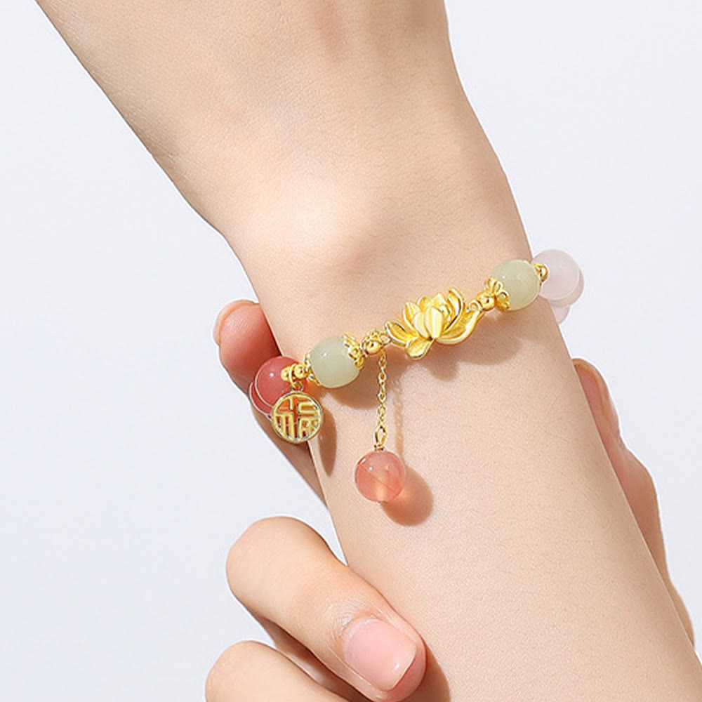 Pulsera de plata de ley 925 con Buddha Stones , ágata natural degradada, jade hetiano, loto y carácter Fu.