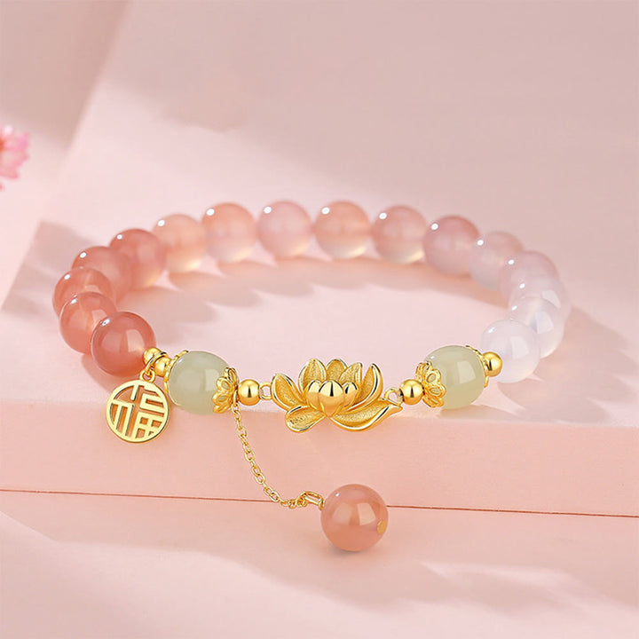 Pulsera de plata de ley 925 con Buddha Stones , ágata natural degradada, jade hetiano, loto y carácter Fu.