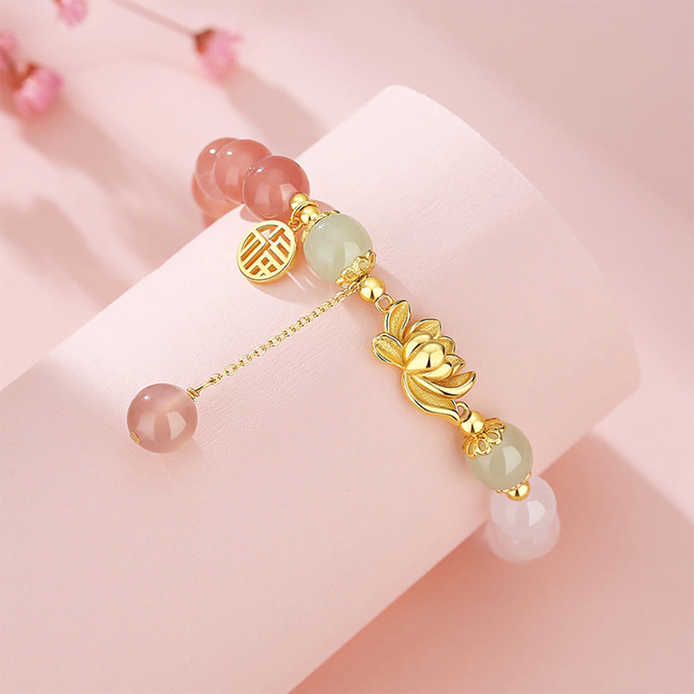 Pulsera de plata de ley 925 con Buddha Stones , ágata natural degradada, jade hetiano, loto y carácter Fu.