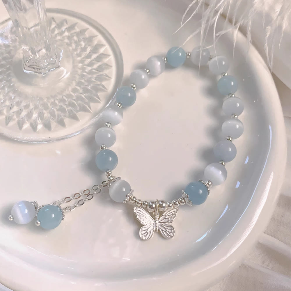 Pulsera de soporte con dije de mariposa y aguamarina ojo de gato con Buddha Stones