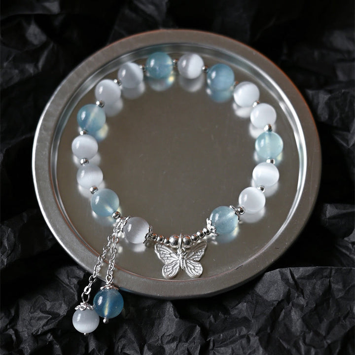 Pulsera de soporte con dije de mariposa y aguamarina ojo de gato con Buddha Stones