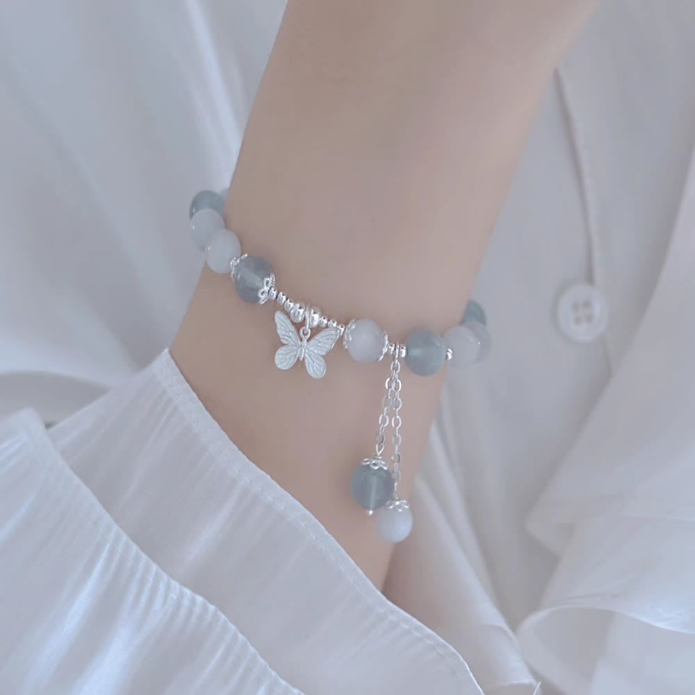 Pulsera de soporte con dije de mariposa y aguamarina ojo de gato con Buddha Stones