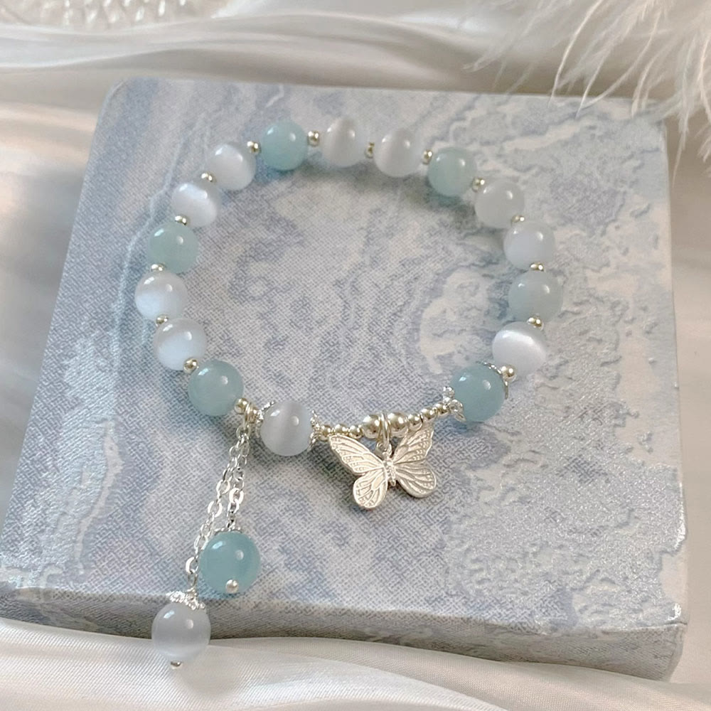 Pulsera de soporte con dije de mariposa y aguamarina ojo de gato con Buddha Stones