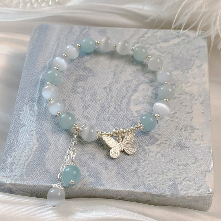 Pulsera de soporte con dije de mariposa y aguamarina ojo de gato con Buddha Stones