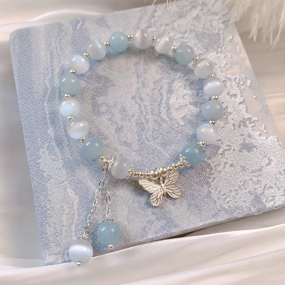 Pulsera de soporte con dije de mariposa y aguamarina ojo de gato con Buddha Stones