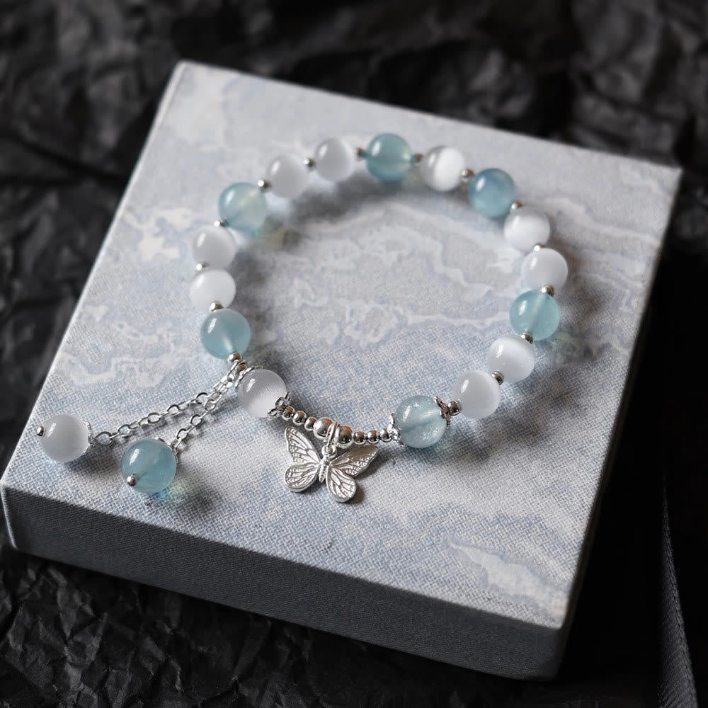 Pulsera de soporte con dije de mariposa y aguamarina ojo de gato con Buddha Stones