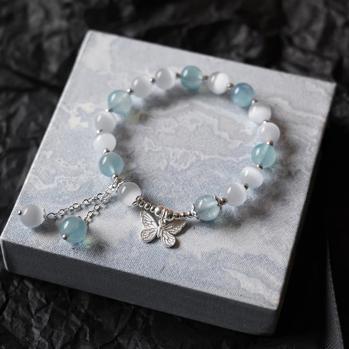 Pulsera de soporte con dije de mariposa y aguamarina ojo de gato con Buddha Stones