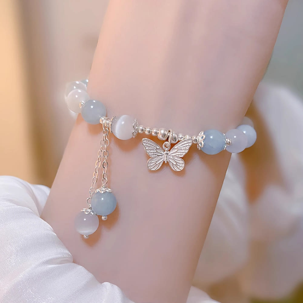 Pulsera de soporte con dije de mariposa y aguamarina ojo de gato con Buddha Stones