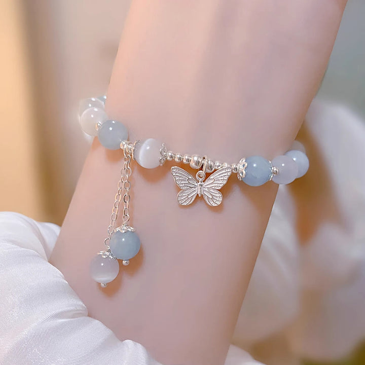Pulsera de soporte con dije de mariposa y aguamarina ojo de gato con Buddha Stones