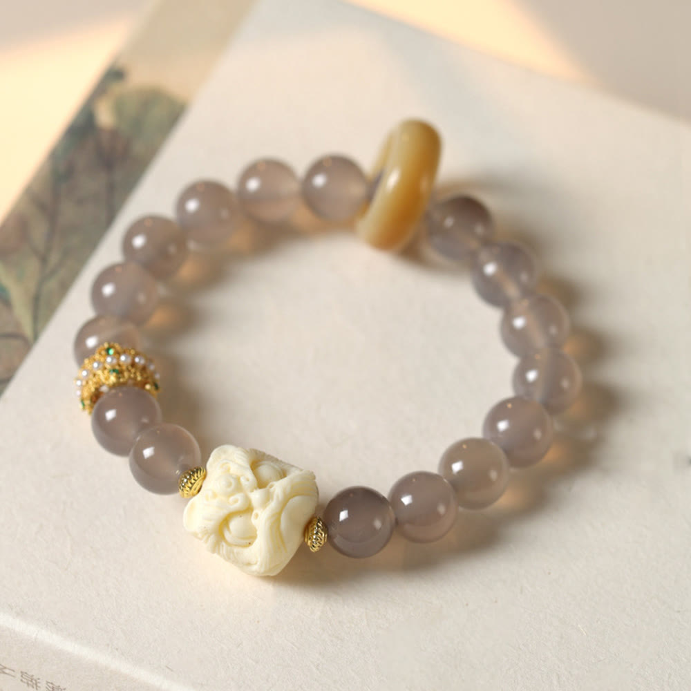 Pulsera de confianza con Buddha Stones, ámbar, ágata gris, marfil y fruta