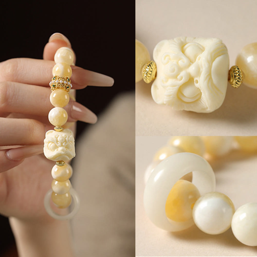 Pulsera de confianza con Buddha Stones, ámbar, ágata gris, marfil y fruta