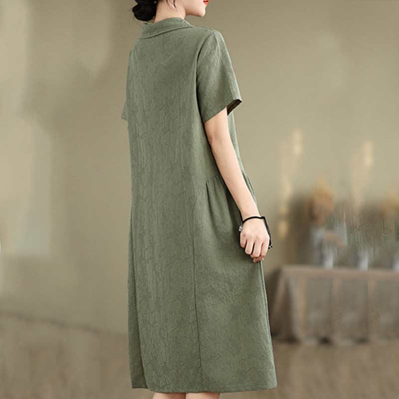 Vestido midi de algodón y lino con solapa de jacquard liso y manga corta con bolsillos y estampado Buddha Stones - image 8