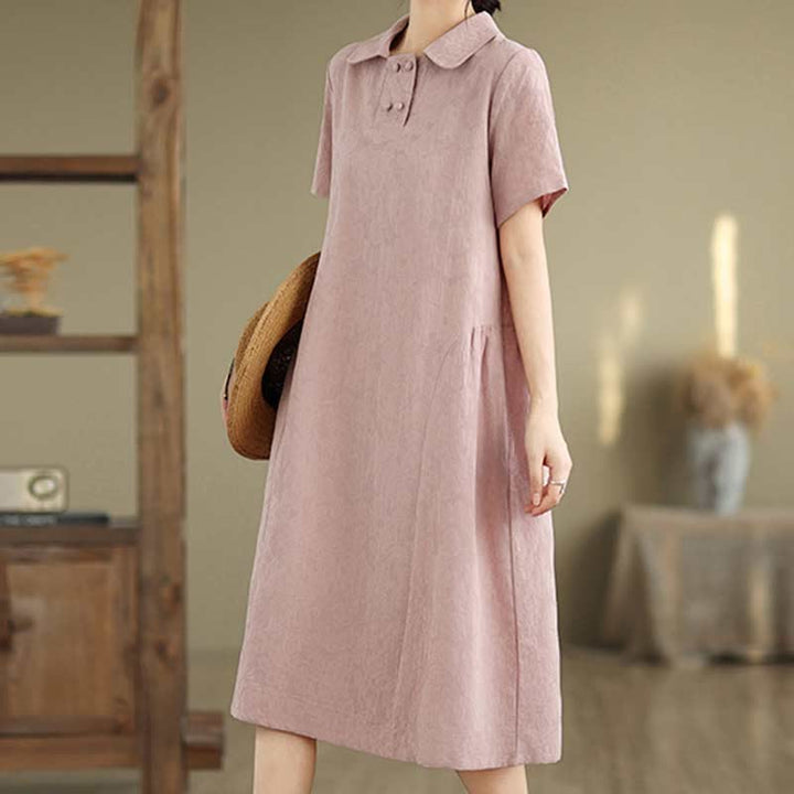 Vestido midi de algodón y lino con solapa de jacquard liso y manga corta con bolsillos y estampado Buddha Stones - image 28