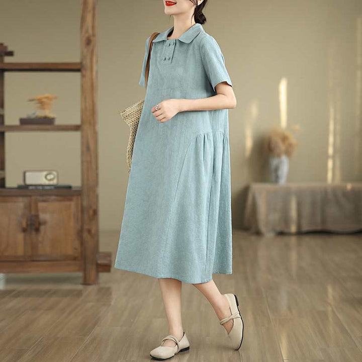 Vestido midi de algodón y lino con solapa de jacquard liso y manga corta con bolsillos y estampado Buddha Stones - Turquesa pálido - US8-10，UK/AU12-14，EU40-42 (2XL) - image 21