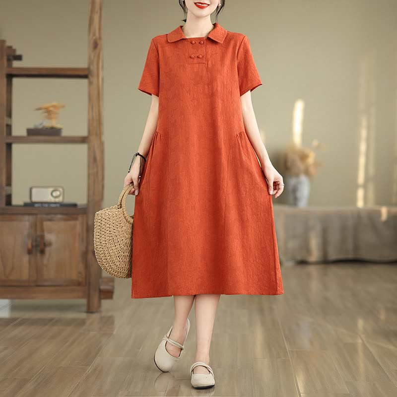 Vestido midi de algodón y lino con solapa de jacquard liso y manga corta con bolsillos y estampado Buddha Stones - NaranjaRojo - US8-10，UK/AU12-14，EU40-42 (2XL) - image 11