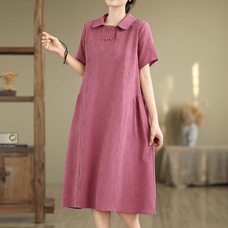 Vestido midi de algodón y lino con solapa de jacquard liso y manga corta con bolsillos y estampado Buddha Stones - image 3