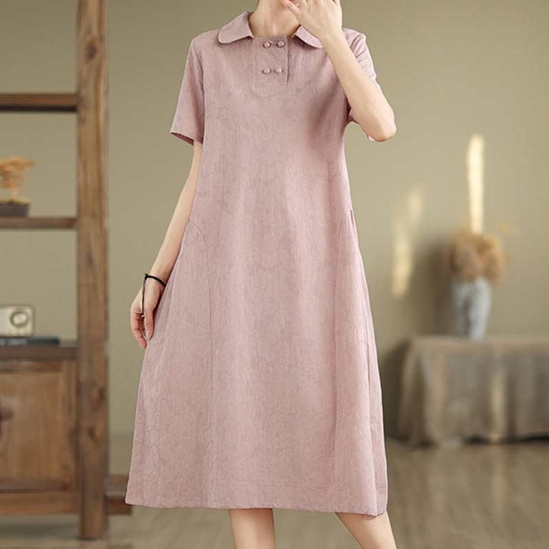 Vestido midi de algodón y lino con solapa de jacquard liso y manga corta con bolsillos y estampado Buddha Stones - image 31