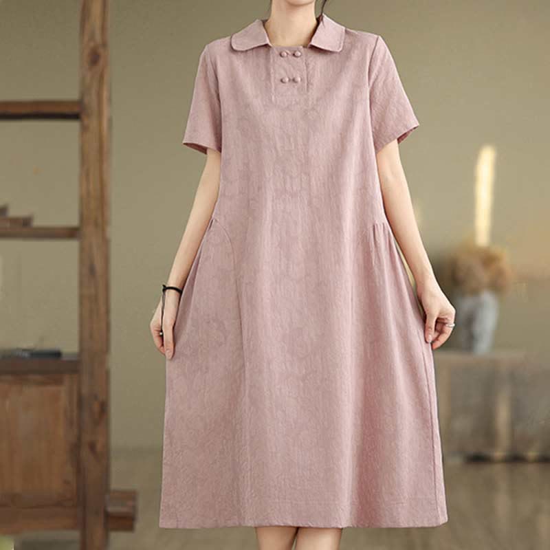 Vestido midi de algodón y lino con solapa de jacquard liso y manga corta con bolsillos y estampado Buddha Stones - image 30