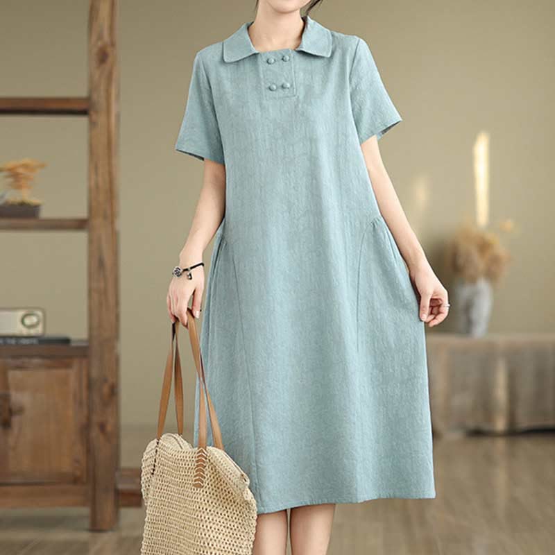 Vestido midi de algodón y lino con solapa de jacquard liso y manga corta con bolsillos y estampado Buddha Stones - image 23