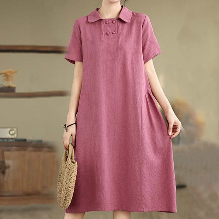 Vestido midi de algodón y lino con solapa de jacquard liso y manga corta con bolsillos y estampado Buddha Stones - Rojo violeta medio - US8-10，UK/AU12-14，EU40-42 (2XL) - image 0