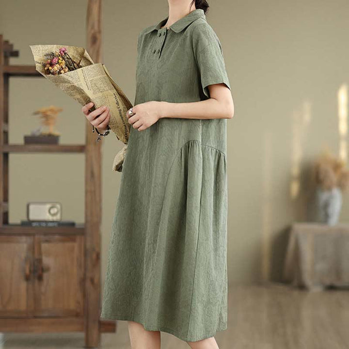 Vestido midi de algodón y lino con solapa de jacquard liso y manga corta con bolsillos y estampado Buddha Stones - image 6