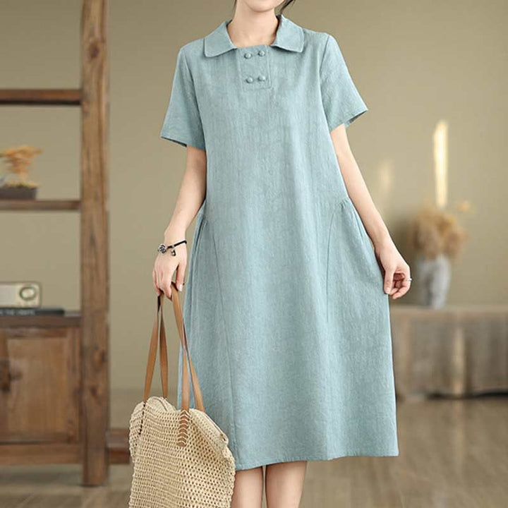 Vestido midi de algodón y lino con solapa de jacquard liso y manga corta con bolsillos y estampado Buddha Stones - image 23