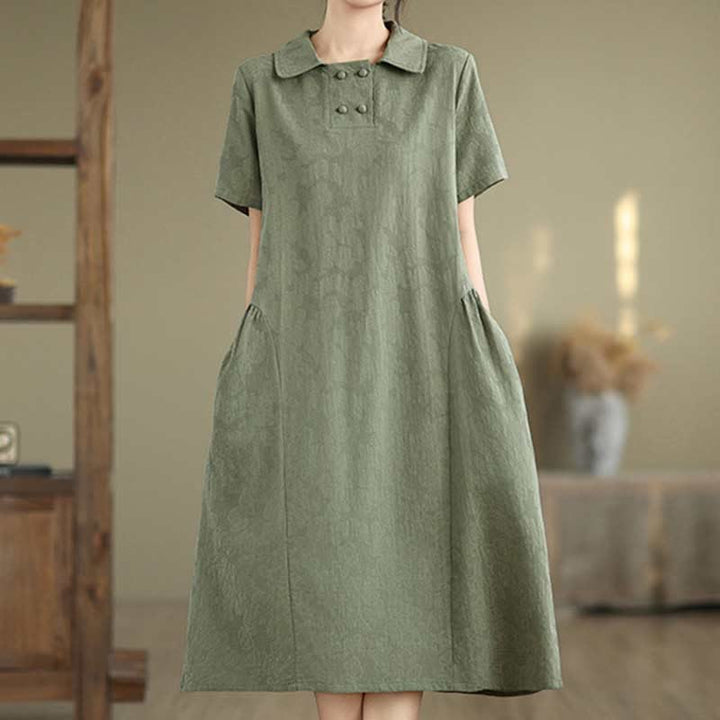 Vestido midi de algodón y lino con solapa de jacquard liso y manga corta con bolsillos y estampado Buddha Stones - image 7