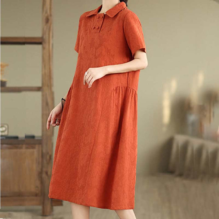 Vestido midi de algodón y lino con solapa de jacquard liso y manga corta con bolsillos y estampado Buddha Stones - image 12