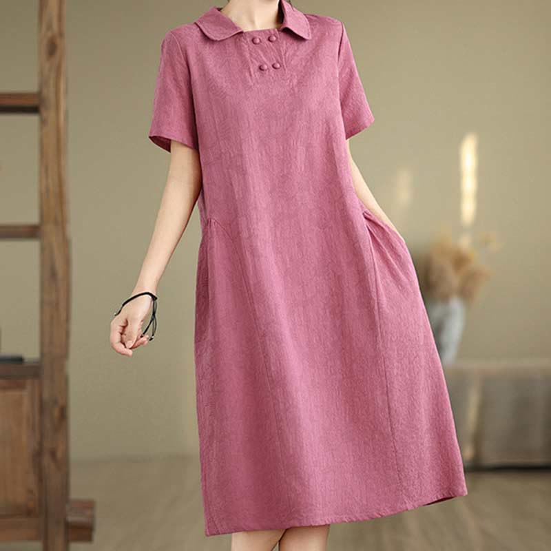 Vestido midi de algodón y lino con solapa de jacquard liso y manga corta con bolsillos y estampado Buddha Stones - image 4