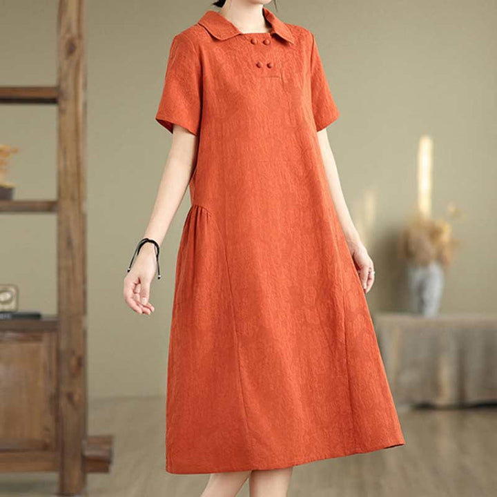 Vestido midi de algodón y lino con solapa de jacquard liso y manga corta con bolsillos y estampado Buddha Stones - image 14