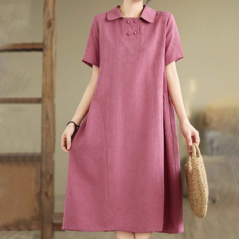Vestido midi de algodón y lino con solapa de jacquard liso y manga corta con bolsillos y estampado Buddha Stones - image 1