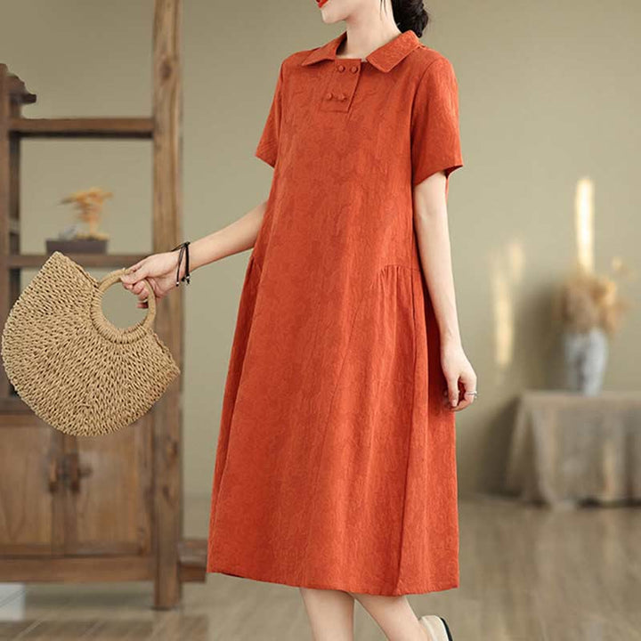 Vestido midi de algodón y lino con solapa de jacquard liso y manga corta con bolsillos y estampado Buddha Stones - image 15