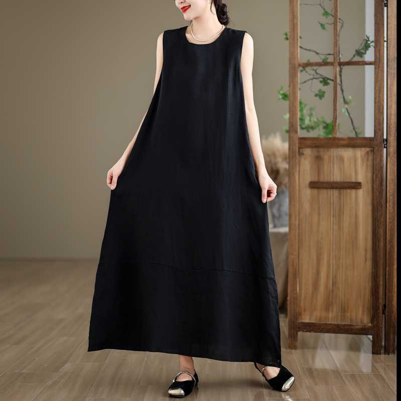 Vestido midi de lino y algodón sin mangas, liso, irregular, de primavera, con bolsillos, de Buddha Stones - image 13