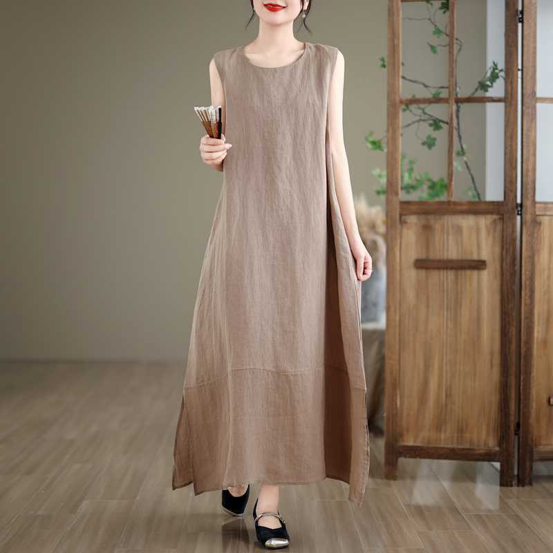 Vestido midi de lino y algodón sin mangas, liso, irregular, de primavera, con bolsillos, de Buddha Stones - Caqui oscuro - US8-10，UK/AU12-14，EU40-42 (2XL) - image 0