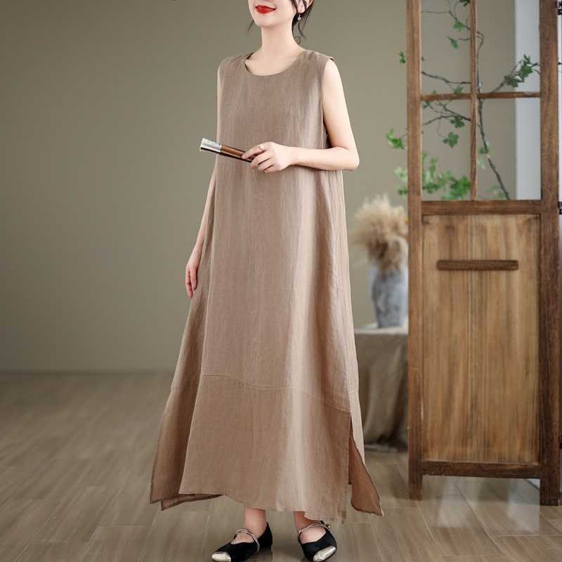 Vestido midi de lino y algodón sin mangas, liso, irregular, de primavera, con bolsillos, de Buddha Stones - image 1